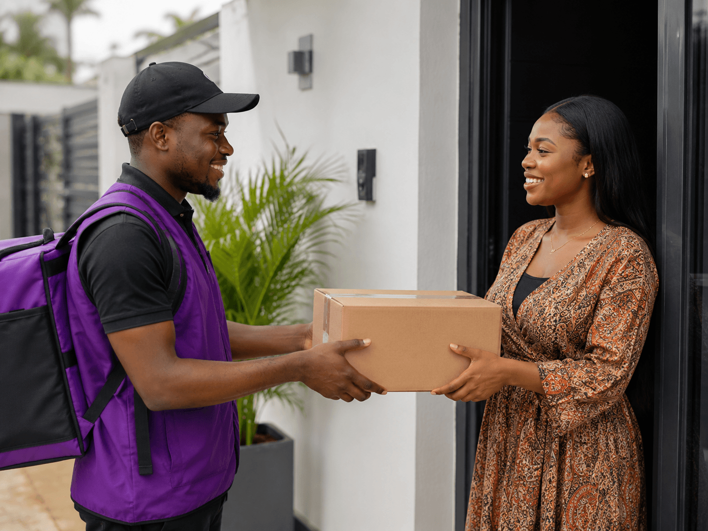 Courier handing a package to a customer