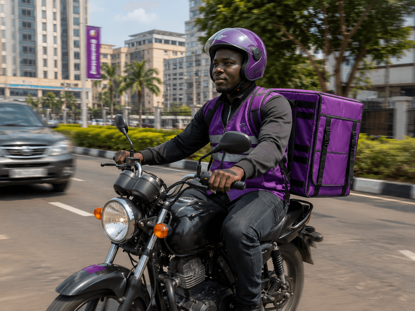 Rider on a motorcycle with delivery bag