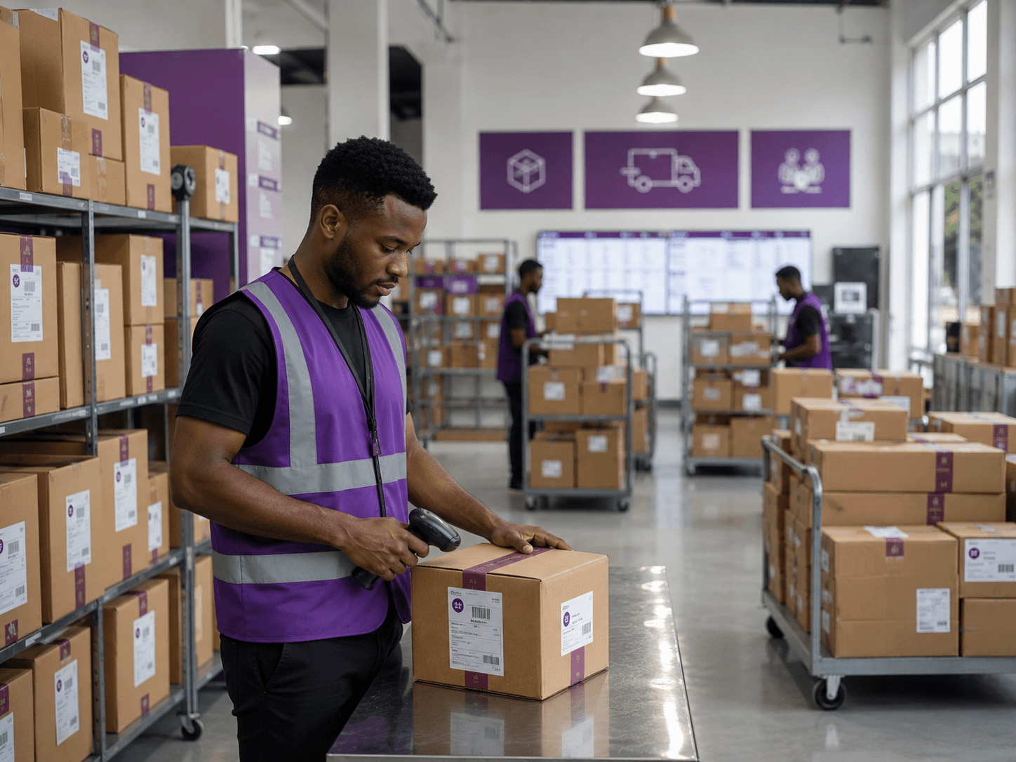 Packages organized at a logistics hub